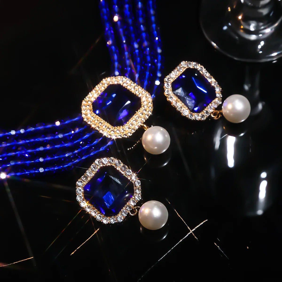Vintage Multilayer Green Red Blue Black Crystal Necklace Geometric Square Pearl Earrings For Women Weddings Banquet Jewelry Sets