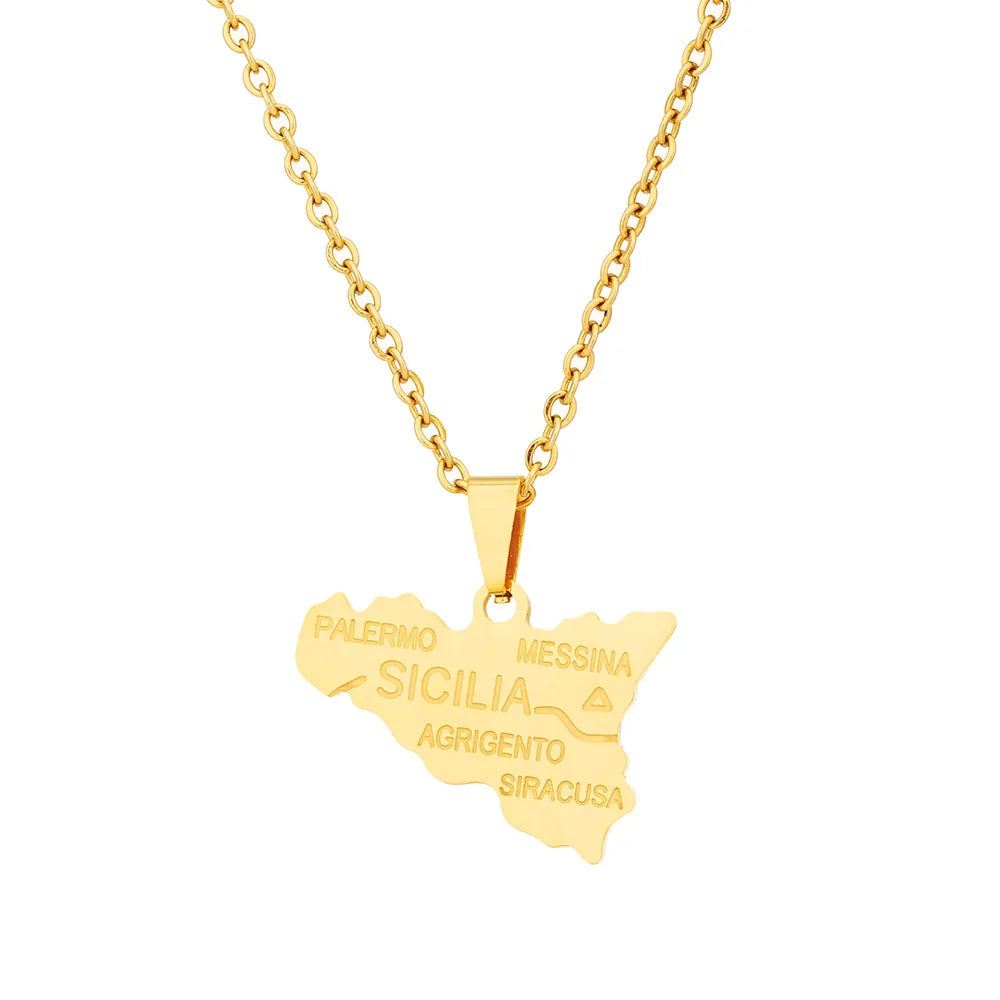 2024 new fashion stainless steel Sicily map pendant necklace temperament everything collarbone chain birthday anniversary small