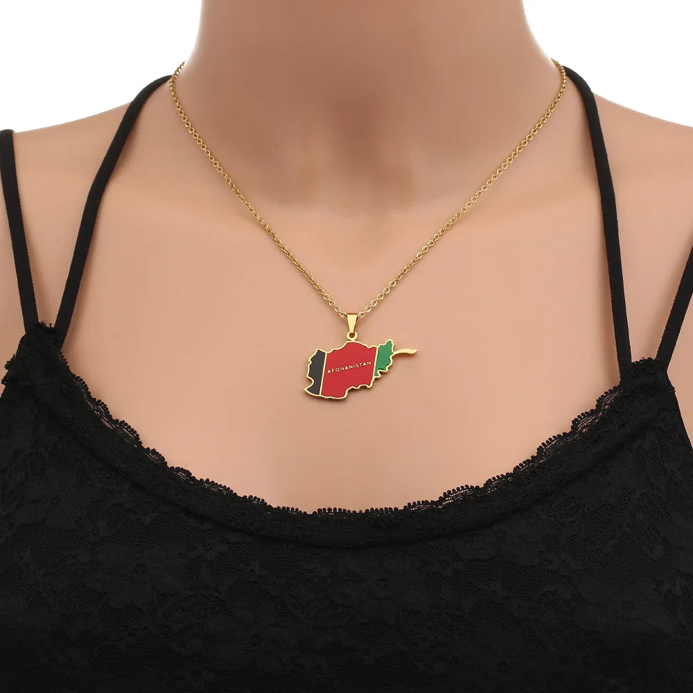 2024 New fashion stainless steel Afghanistan map necklace for men and women geometric titanium steel pendant ethnic style collar