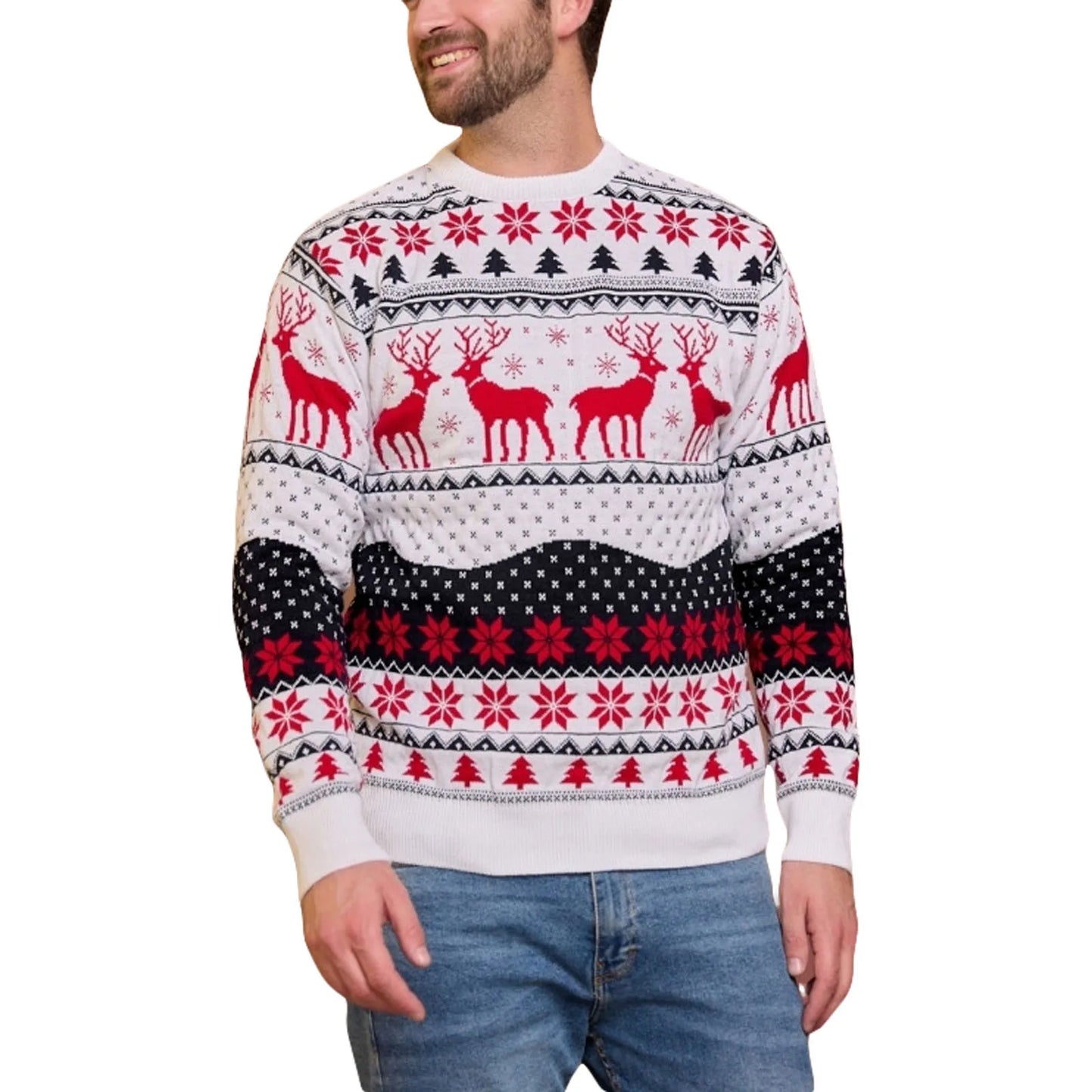 Unisex Christmas Sweater Winter Couple Women Man Long Sleeve Round Neck Reindeer Pattern Classic Fit Knitted Pullovers