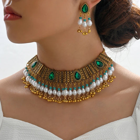 Vintage Jewelry For Woman Green Crystal Stone Jewelry Sets Simulated Pearl Beads Necklace Earrings Set For Women