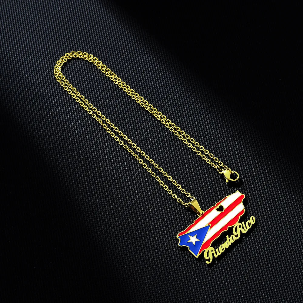 2024 New fashion vintage dripping stainless steel Puerto Rico map flag pendant necklace men's and women's collarbone chain acces
