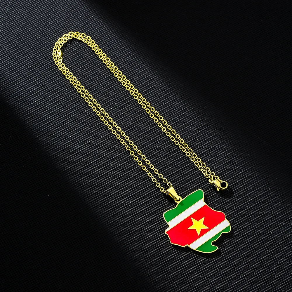 2024 New fashion stainless steel Republic of Suriname map flag necklace for women and men couples ethnic style accessories colla
