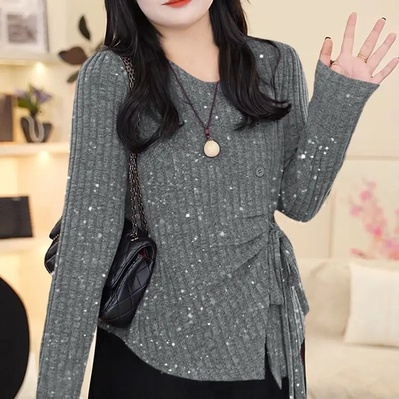 Temperament Waist-hugging and Fleece Tied Shoulder Sweater Keeps Warm in Autumn and Winter Irregular Sequins Fashionable
