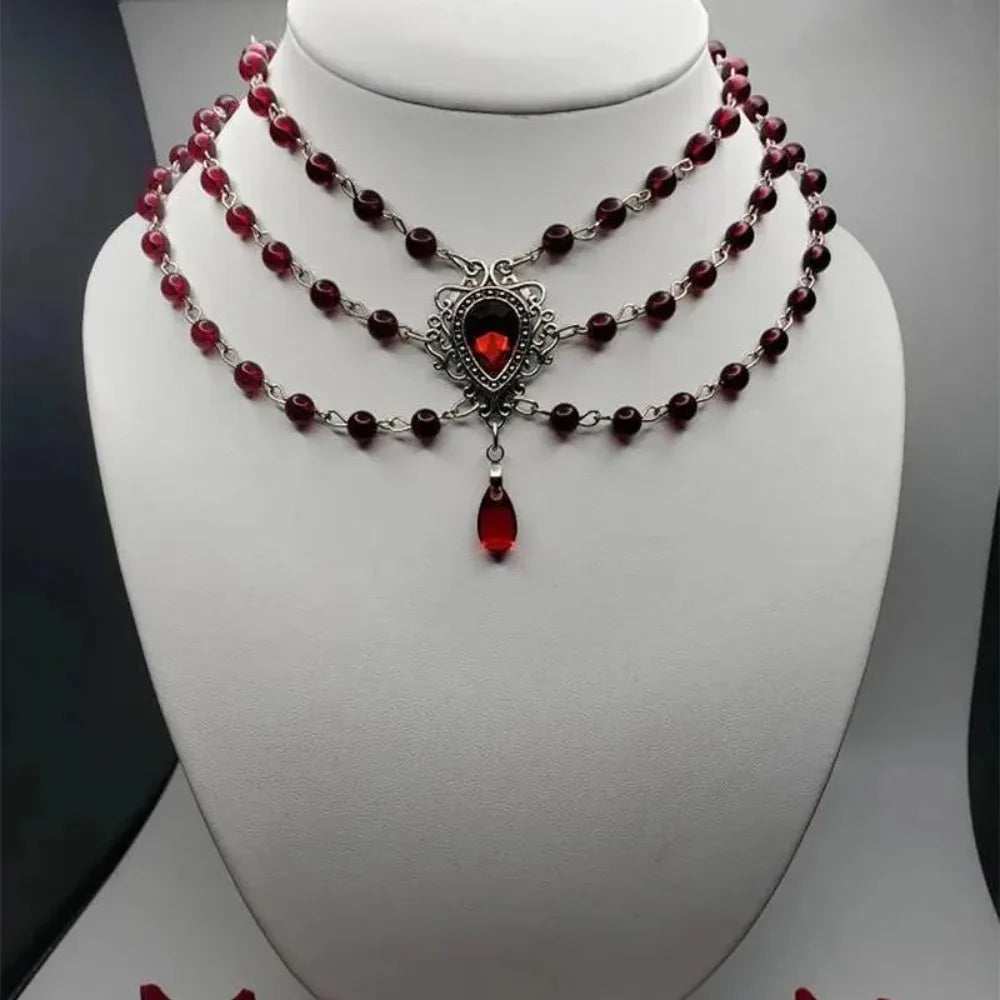 Victorian Gothic Rose Witch Multi-layer Bead Chain Red Glass Crystal Water Drop Pendant Necklace for Women Charm Jewelry Gifts