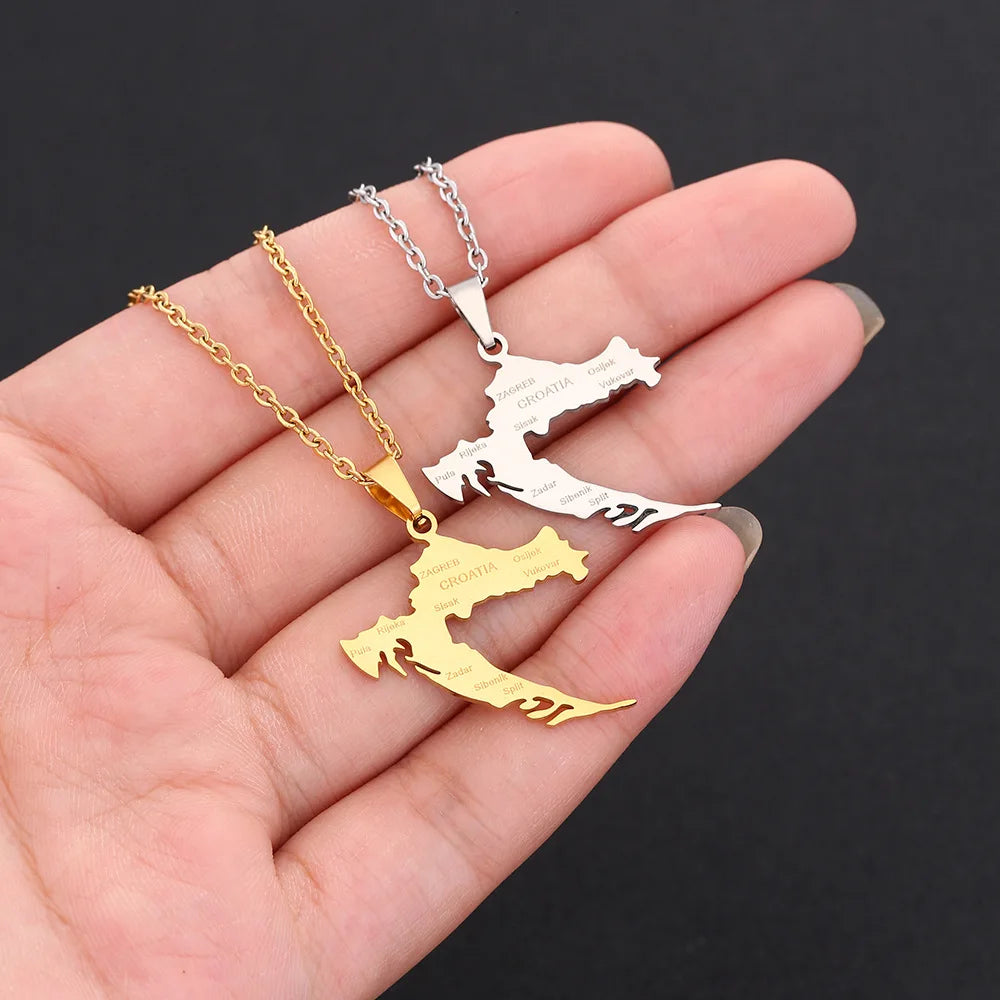 2024 New fashion stainless steel Croatia map and city necklace men's and women's geometric ethnic style collarbone chain anniver
