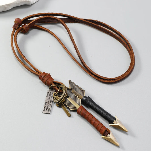 1 piece Handmade leather wrapped double arrow pendant necklace