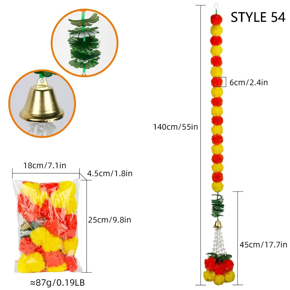 140-160cm Marigold Garland Flower Artificial Festival Wreath Ornament Fake Plant Indian Style Home Party Decor