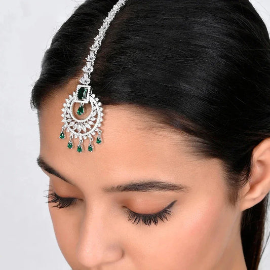Stonefans Fashion Geometric Zircon Forehead Headpiece Indian Head Accessories Elegant Green Water Drop Hair Chain for Women