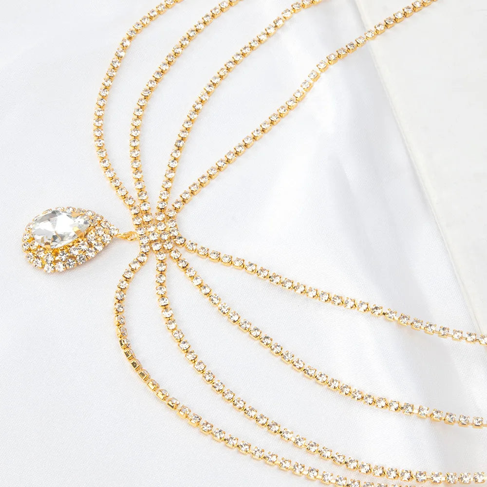 2024 Trend Bohemian Style Fashion Droplets Shine Rhinestone Headwear Wedding Bride Hair Chain And Ornamental Chain