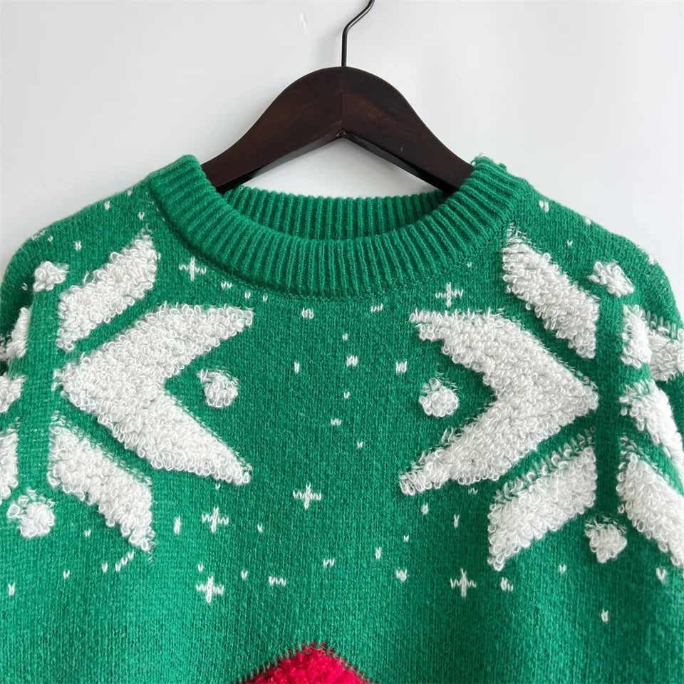 Women's Jacquard Round Neck Long Sleeve Thickened Knit Pullover Christmas Tree Design Autumn/winter New Style Sweater