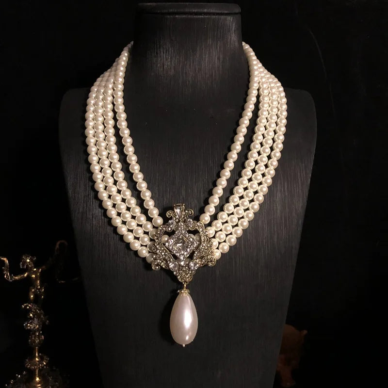 Vintage palace style multi-layer pearl necklace set with gems and diamonds to do old gold choker earrings stud earrings sweater
