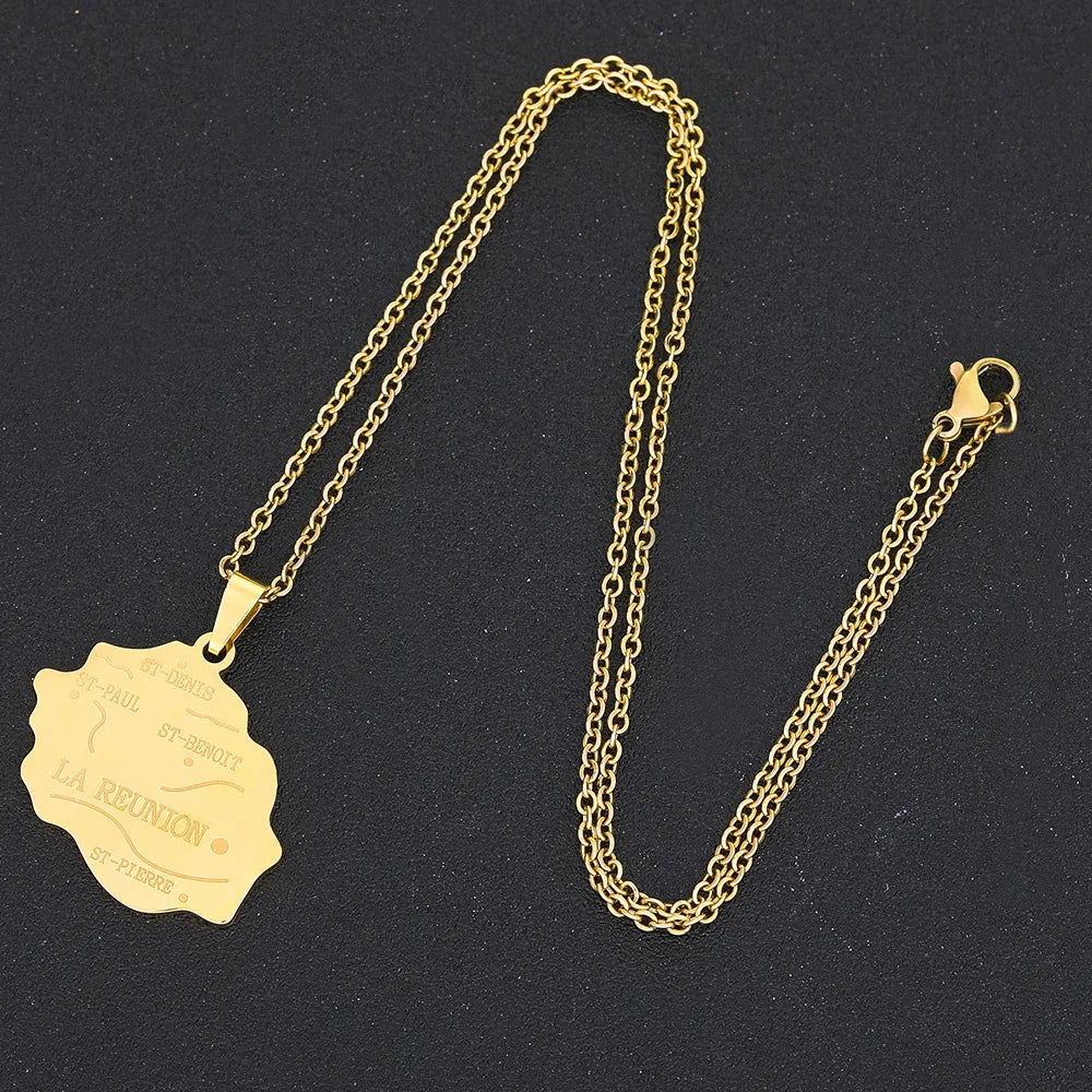 2024 New fashion stainless steel French Reunion map pendant necklace Geometric fashion men's and women's stainless steel pendant