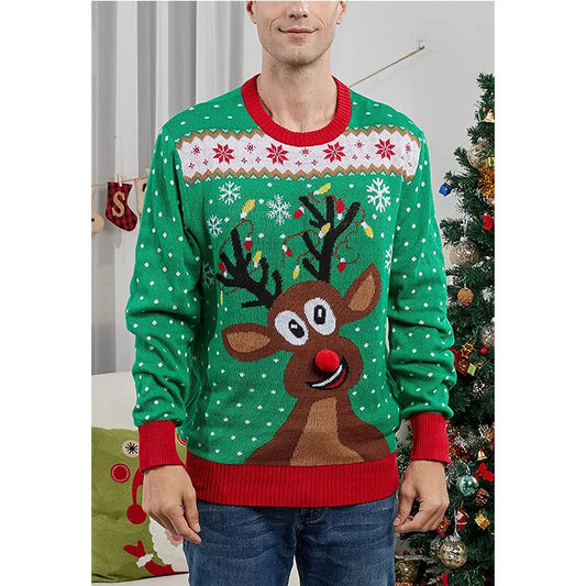 2025 Winter Mens Christmas Sweater Cute Elk Print Jacquard Knitwear Full Sleeve O Neck Knit Jumper Xmas Look Soft Warm Pullover
