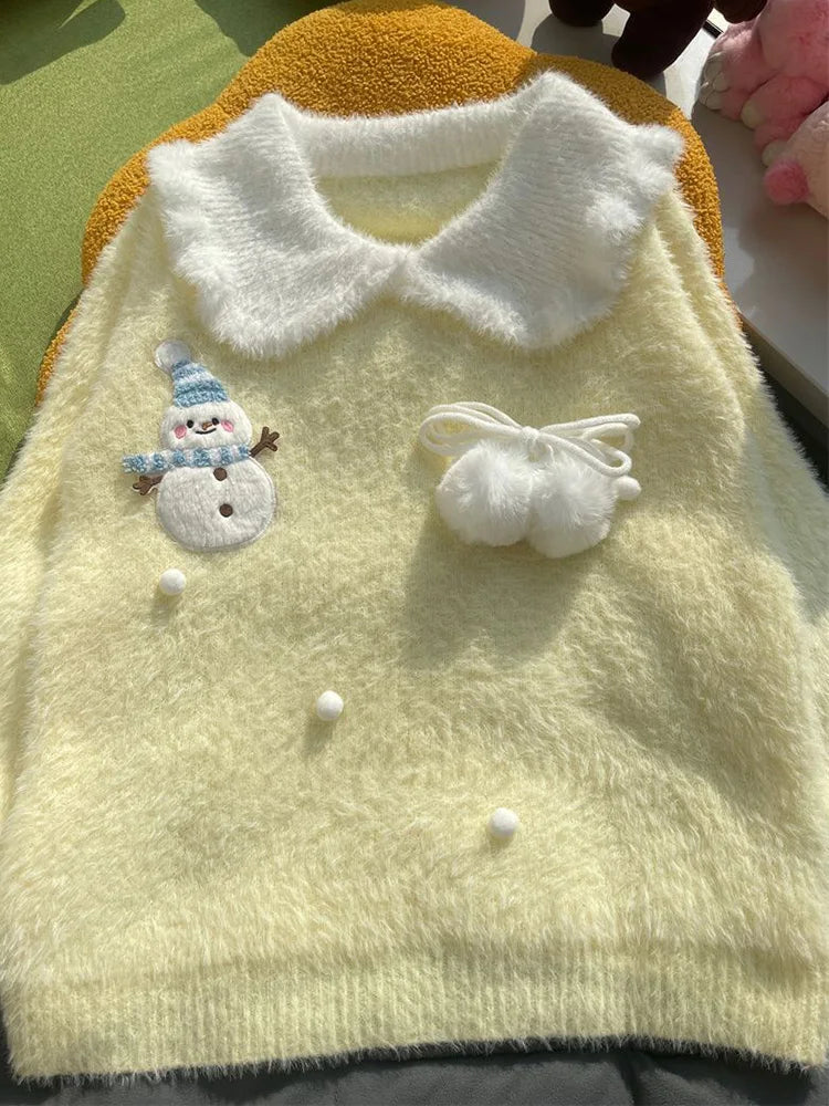 Sweet Faux Mink Cashmere Sweaters Women Kawaii Snowmen Long Sleeve Knitted Pullover Casual Cute Preppy Style Chic Loose Jumpers