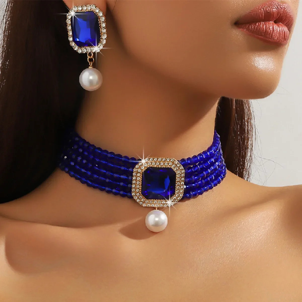 Vintage Multilayer Green Red Blue Black Crystal Necklace Geometric Square Pearl Earrings For Women Weddings Banquet Jewelry Sets