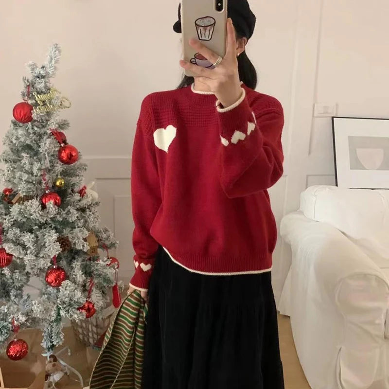 Xingqing Christmas y2k Sweaters Women Clothes Heart Print Round Neck Long Sleeve Knitted Pullover Tops 2000s Aesthetic Clothing