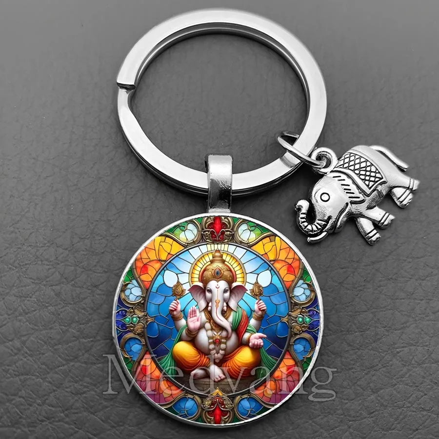 Sacred Elephant Ganesha Keychain Buddha keychain and key ring God Of Wealth Elephant glass key ring men and women bag decoration