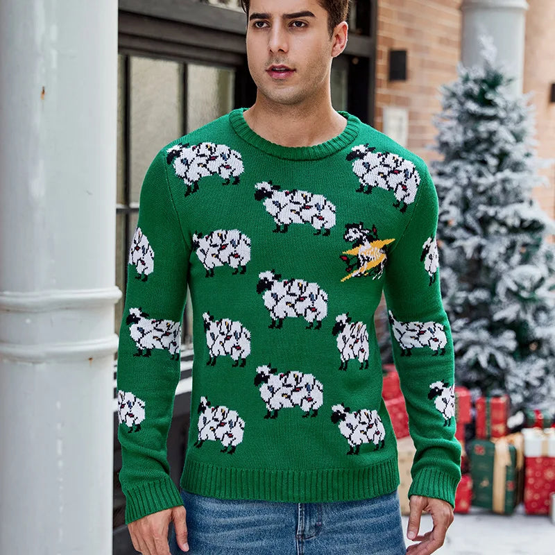 2025 Winter Christmas Men's Knitted Sweater Cartoon Print Full Sleeve O Neck Warm Soft Knitwear Adults Jumper Xmas Look Pullover