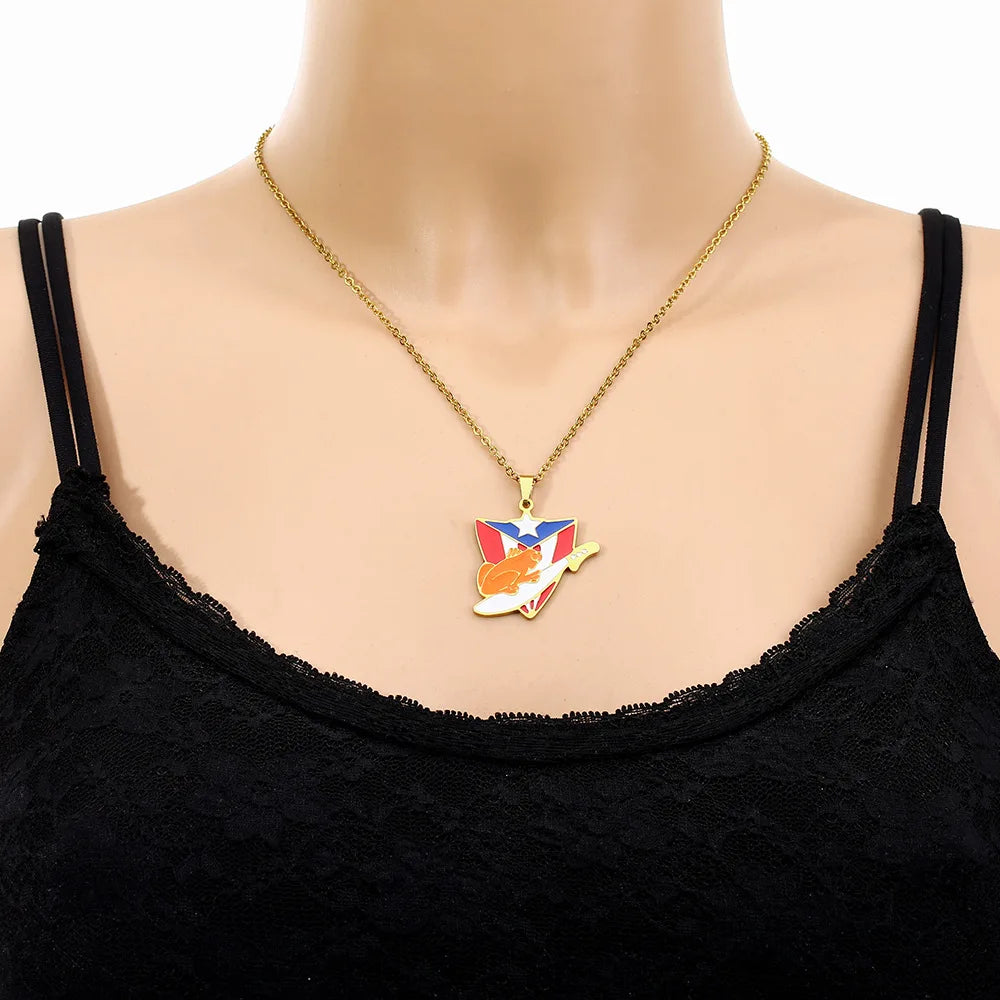 2024 New fashion stainless steel vintage dripping stainless steel Puerto Rico flag pendant necklace temperament everything colla