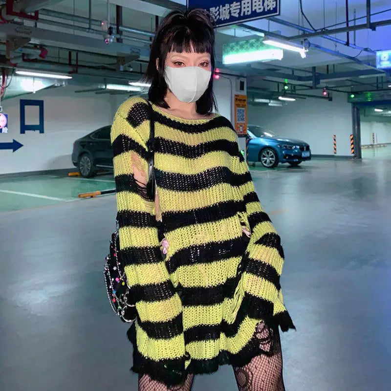 2024 Purple Striped Gothic Sweaters Women Ripped Holes Loose Knitted Pullover Frayed Fairy Grunge Jumpers Emo Streetwear Lolita