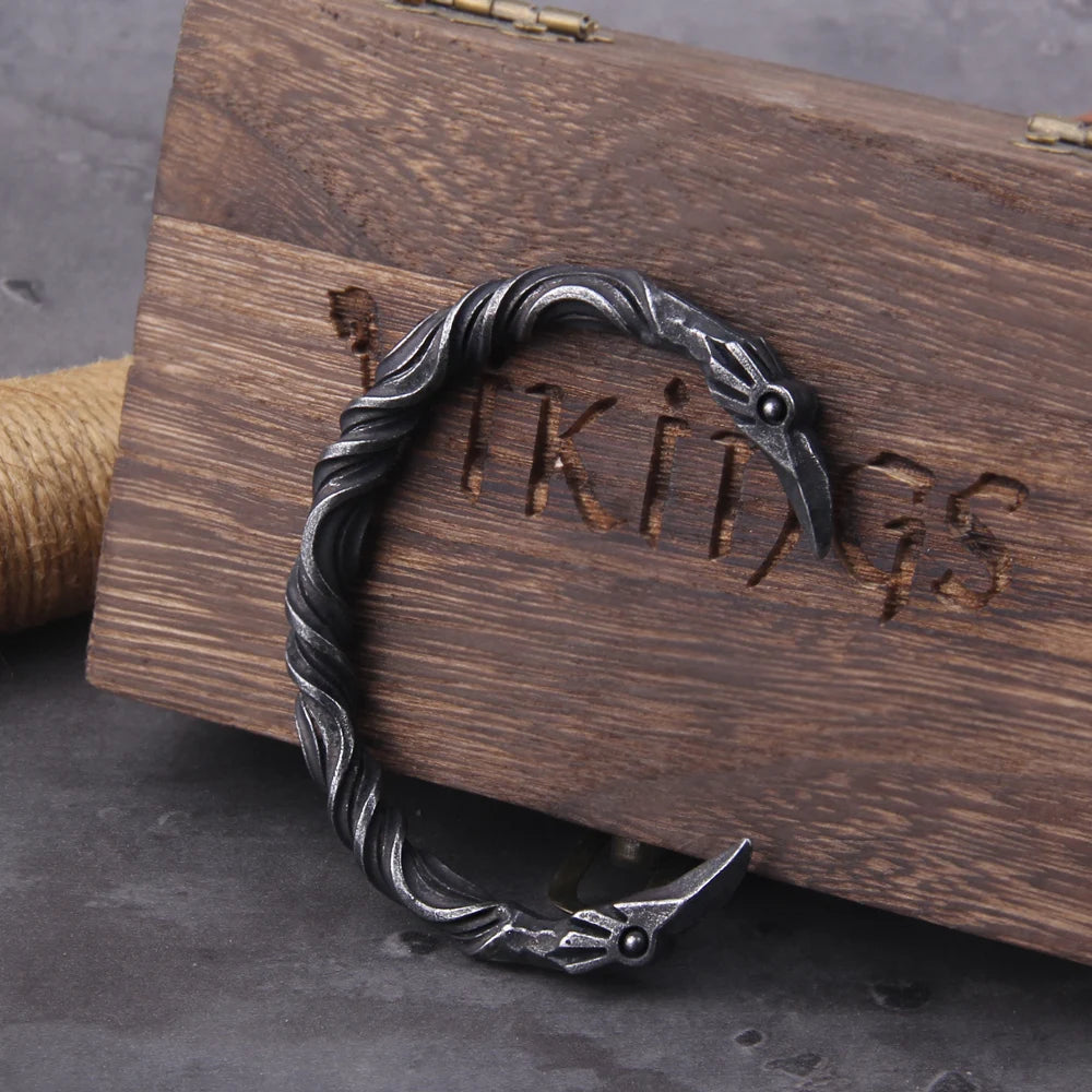 Stainless Steel Nordic Viking Norse Raven Bracelet Men Wristband Cuff Bracelets with viking wooden box