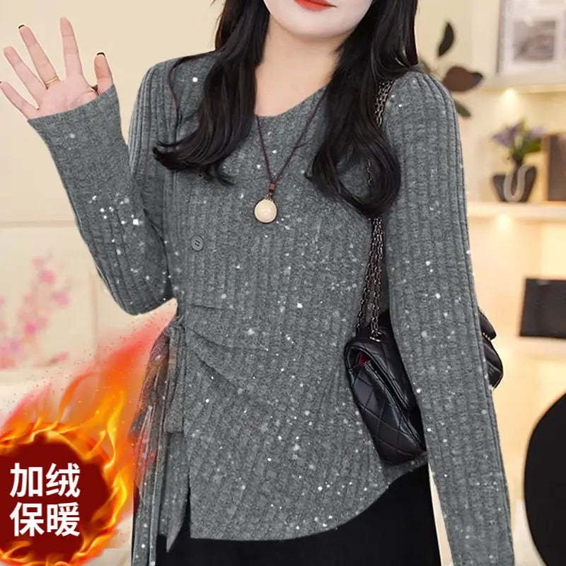 Temperament Waist-hugging and Fleece Tied Shoulder Sweater Keeps Warm in Autumn and Winter Irregular Sequins Fashionable