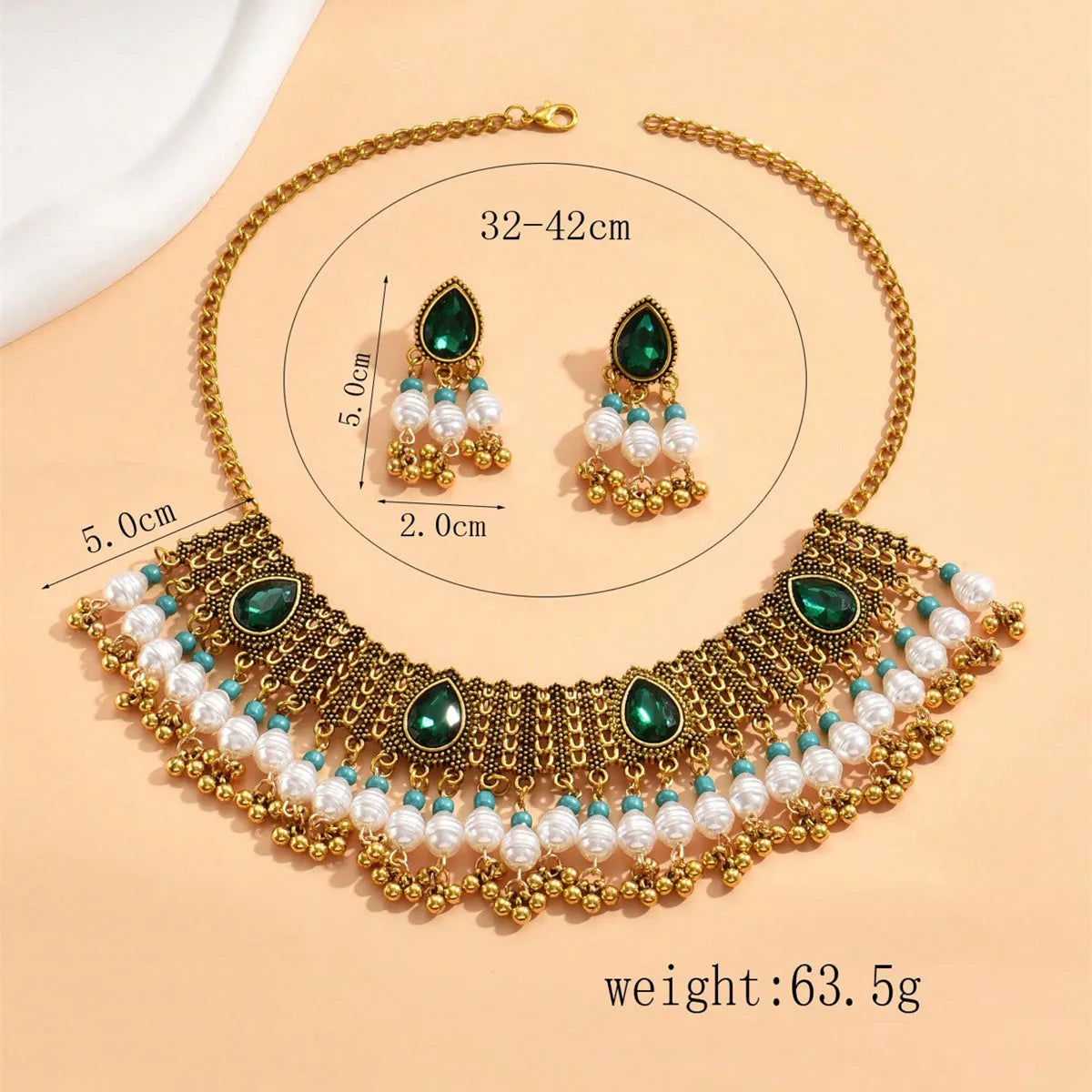 Vintage Jewelry For Woman Green Crystal Stone Jewelry Sets Simulated Pearl Beads Necklace Earrings Set For Women