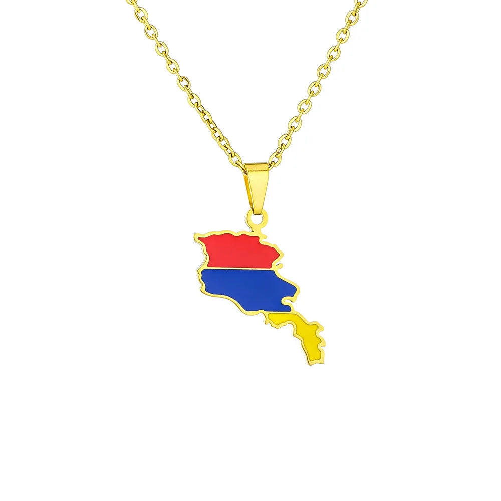 2024 New fashion stainless steel Armenian map flag necklace women's all-matching metal sweater chain niche accessories