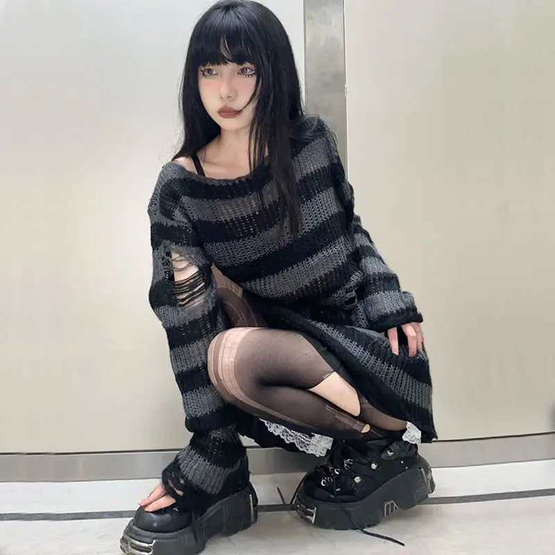 2024 Purple Striped Gothic Sweaters Women Ripped Holes Loose Knitted Pullover Frayed Fairy Grunge Jumpers Emo Streetwear Lolita