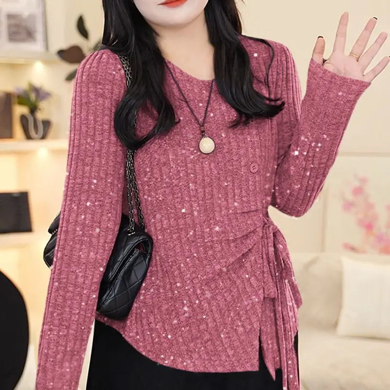 Temperament Waist-hugging and Fleece Tied Shoulder Sweater Keeps Warm in Autumn and Winter Irregular Sequins Fashionable