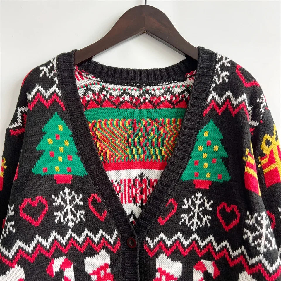 2023 Cross-border Amazon Autumn/winter New Single-breasted V-neck Christmas Theme Knit Sweater Cardigan New Year
