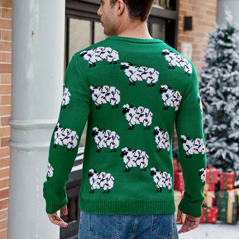 2025 Winter Christmas Men's Knitted Sweater Cartoon Print Full Sleeve O Neck Warm Soft Knitwear Adults Jumper Xmas Look Pullover
