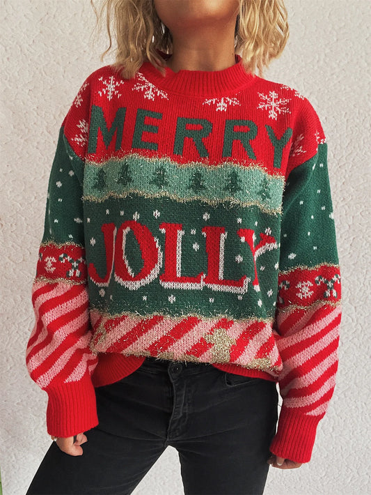 2025 Christmas Women's Jacquard Knit Sweater Round Neck Loose Fit Pullover Autumn Winter Long Sleeve Casual Red New Year Jumpers