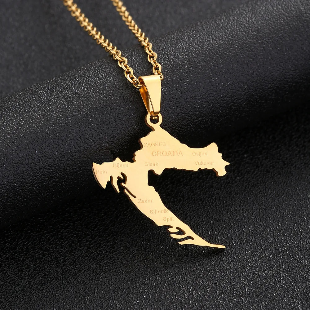 2024 New fashion stainless steel Croatia map and city necklace men's and women's geometric ethnic style collarbone chain anniver