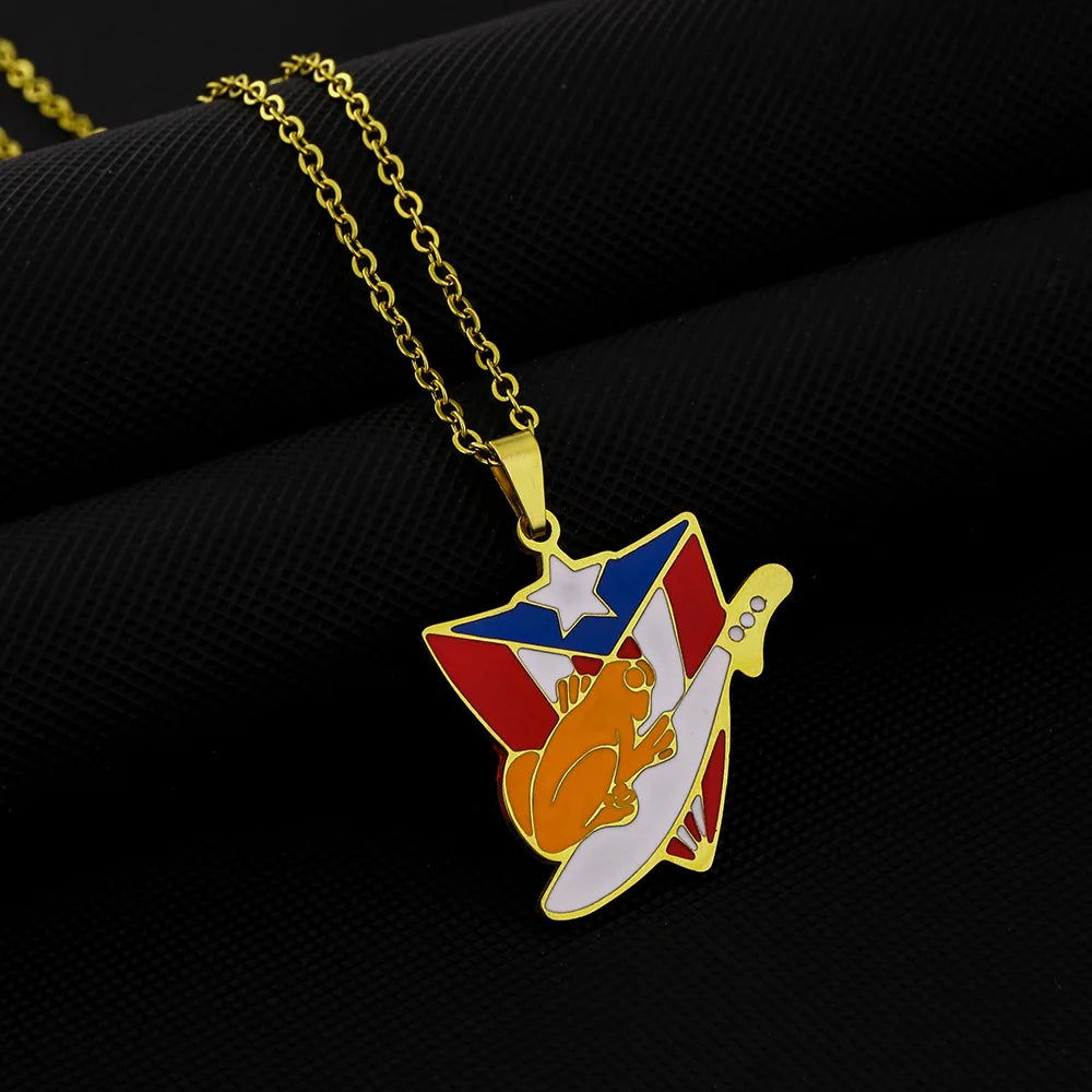 2024 New fashion stainless steel vintage dripping stainless steel Puerto Rico flag pendant necklace temperament everything colla