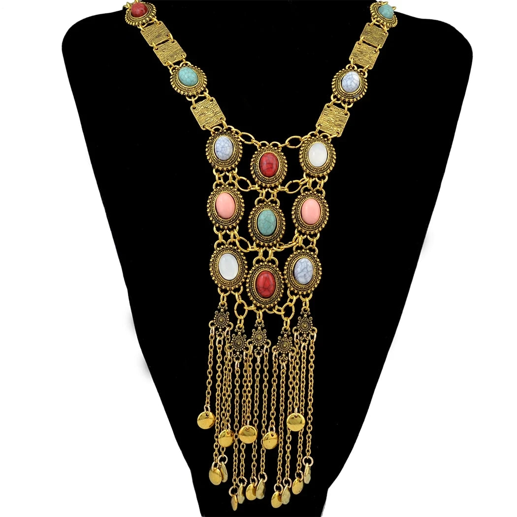 Vintage Silver Plated Gold Plated Chain Bead Stone Long Tassel Pendant Women's Necklace Suitable for Women's Party Jewelry Gifts