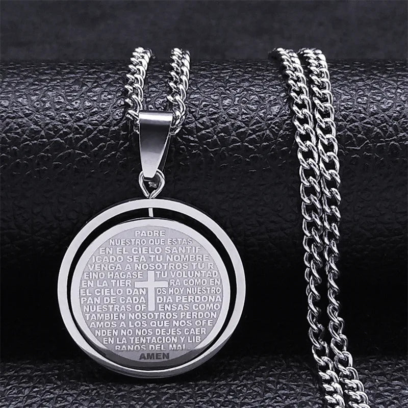 2024 New fashion Prayer Cross pendant necklace Stainless steel Spanish neutral style round pendant collar bone chain accessories