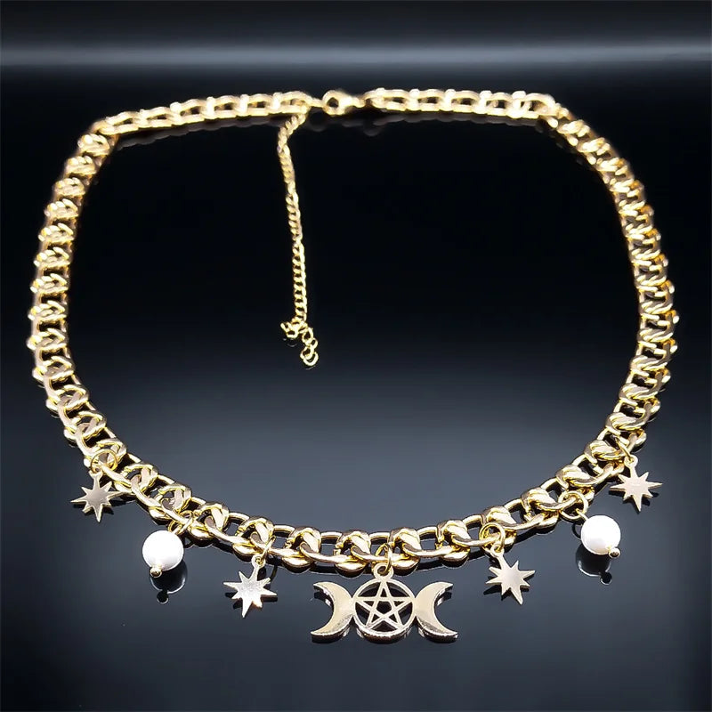 Witch Triple Moon Pentagrams Choker Necklace Stainless Steel Divination Necklaces Korean Aesthetic Jewelry collares N1729S02