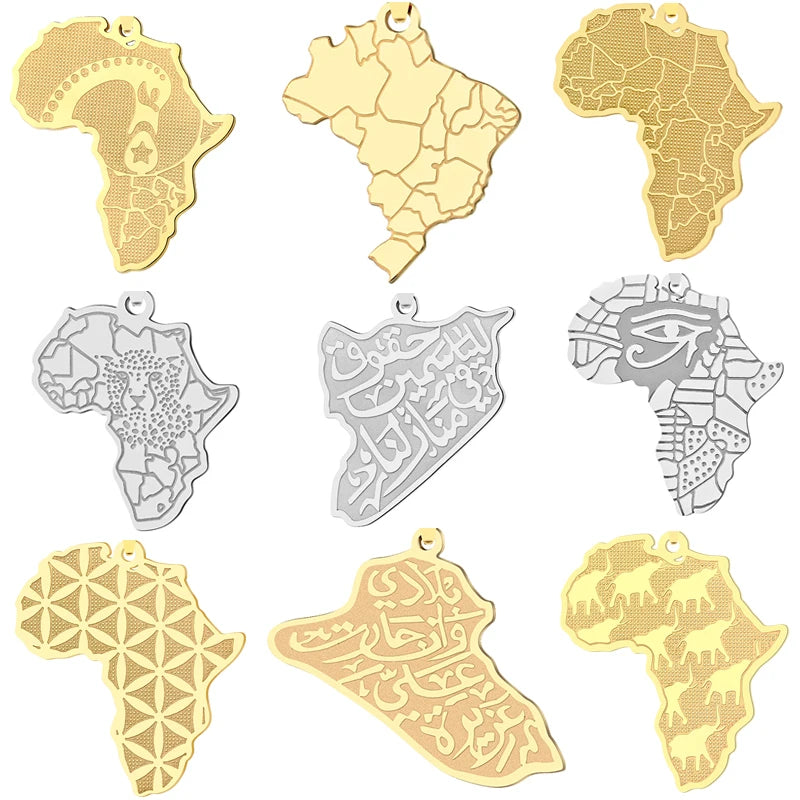 2pcs No Fade Africa Map Charms Stainless Steel Pendant for Jewelry Making Necklace Keychain Rune Eye of Horus Talisman DIY Craft