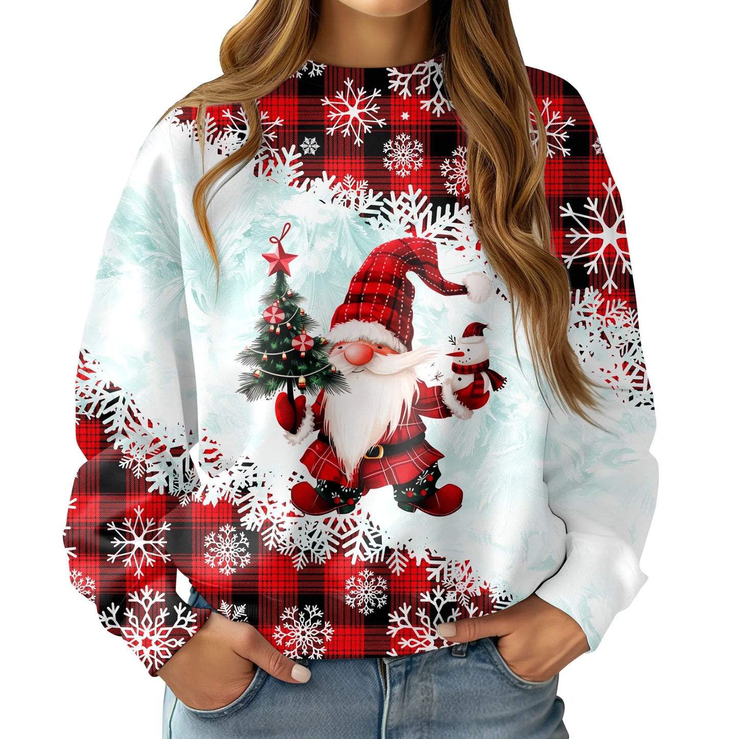 2025 European and American 3D digital printed women's hoodie Christmas snowman deer series round neck casual sweater