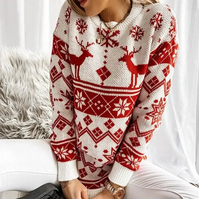 2025 Winter Women's Christmas Sweater Elk Print Knitted Jumpers Full Sleeve O Neck Casual Loose Knitwear Pullover Tops Xmas Look