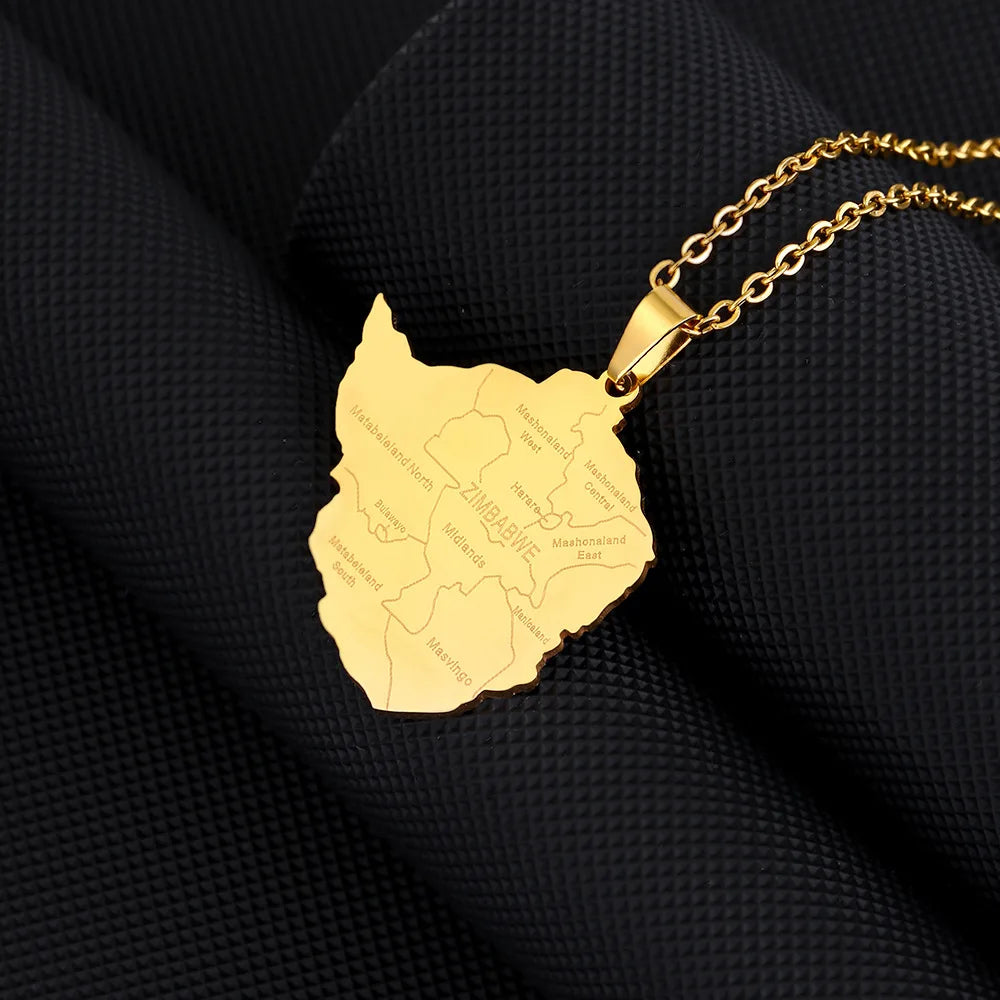 2024 new fashion stainless steel Zimbabwe city with map pendant necklace temperament everything collarbone chain birthday annive