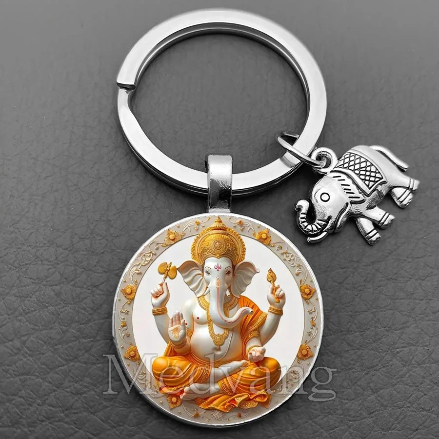 Sacred Elephant Ganesha Keychain Buddha keychain and key ring God Of Wealth Elephant glass key ring men and women bag decoration