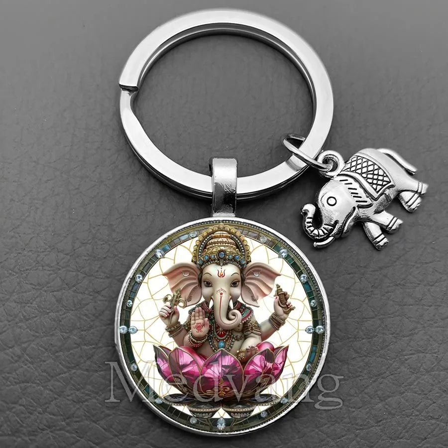 Sacred Elephant Ganesha Keychain Buddha keychain and key ring God Of Wealth Elephant glass key ring men and women bag decoration