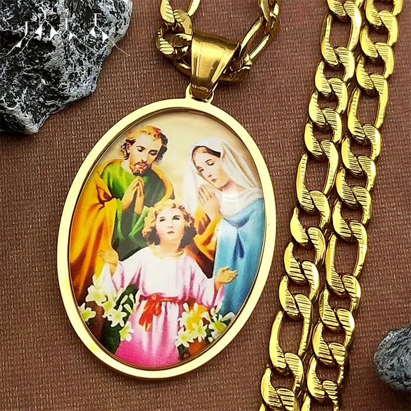 Virgin Mary Jesus Oval Medal Pendant Necklace for Women Men Stainless Steel Gold Color St. Joseph Amulet Hip Hop Chain Jewelry