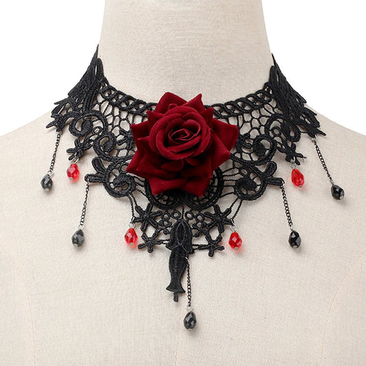 1PCS Vintage Punk Flower Charm Pendant Choker Necklace For Women Gothic Lace Tassel Clavicle Chain Jewelry