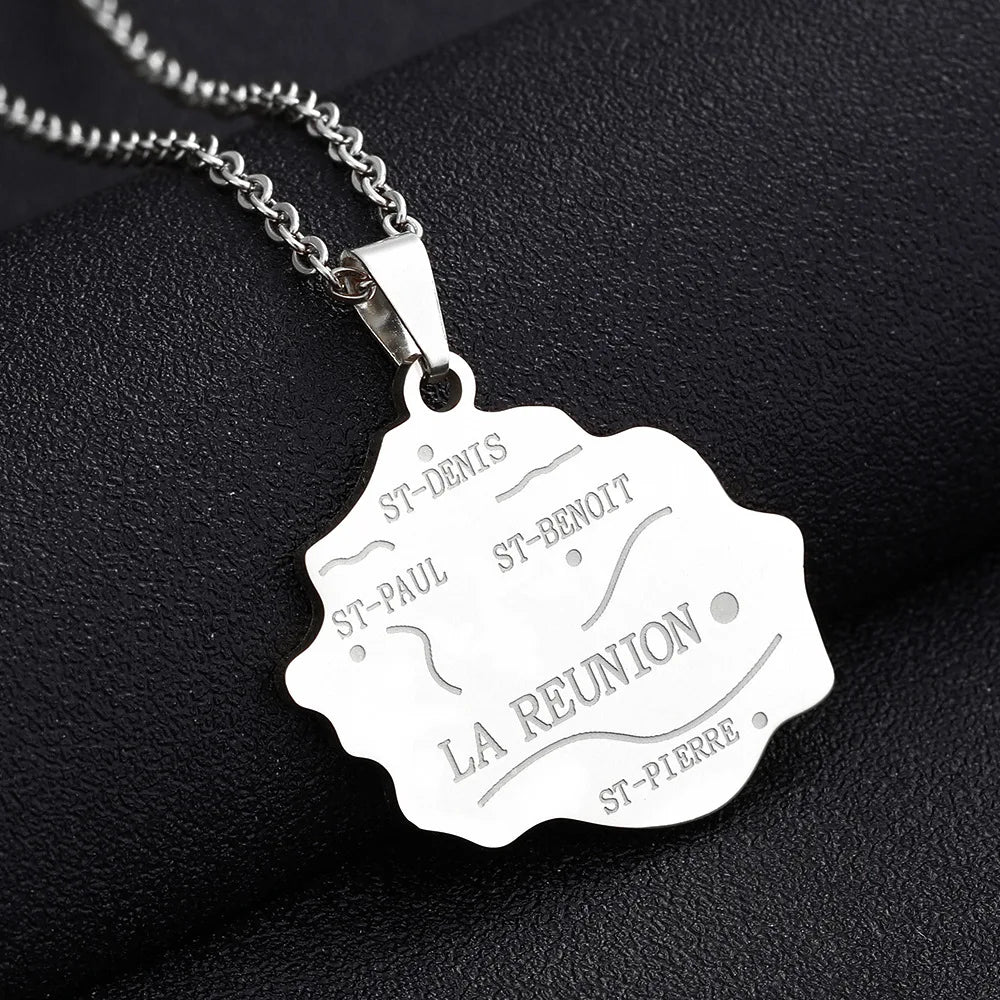 2024 New fashion stainless steel French Reunion map pendant necklace Geometric fashion men's and women's stainless steel pendant