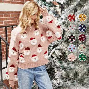 2025Women's Casual Loose Lazy Style Sweater Christmas Tree Color Block Jacquard Christmas Sweater Gift