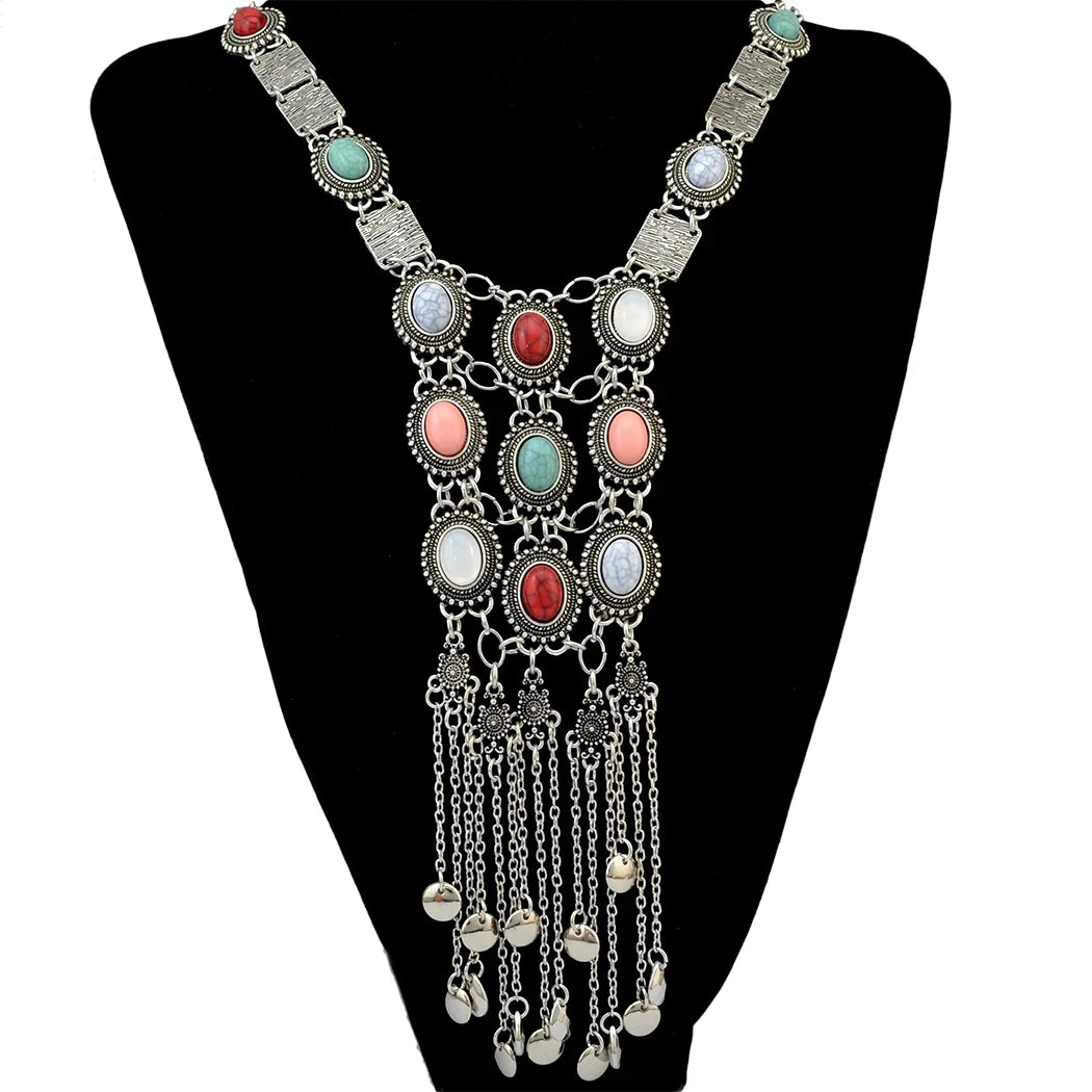 Vintage Silver Plated Gold Plated Chain Bead Stone Long Tassel Pendant Women's Necklace Suitable for Women's Party Jewelry Gifts